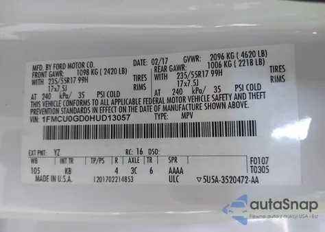 2017 Ford Escape Se z USA, uszkodzony, nr VIN 1FMCU0GD0HUD13057